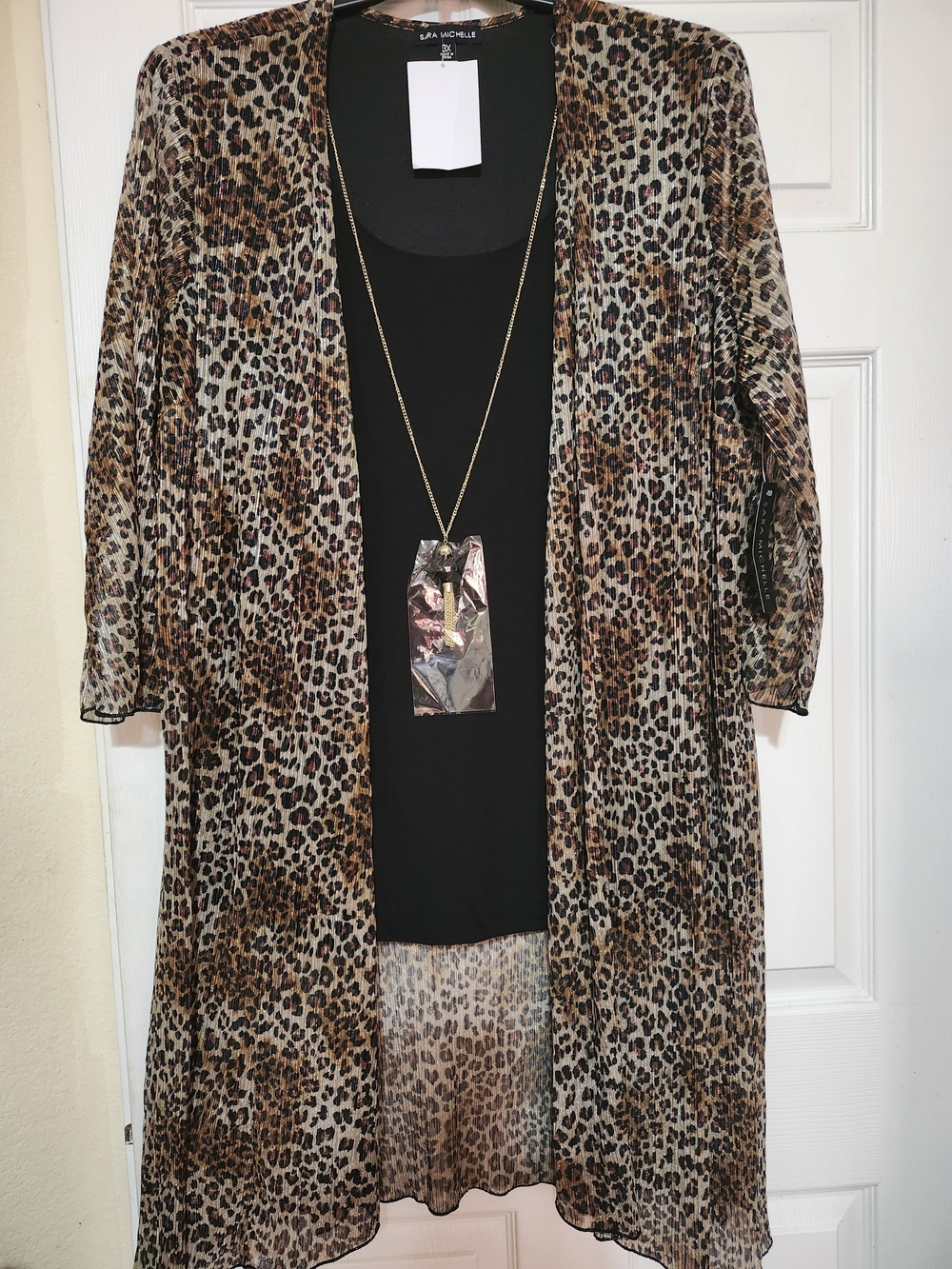 Sara Michelle Leopard Print Open Front Duster in Brown,Black and Cream